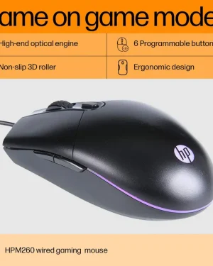 HP M260 Backlighting USB Wired Gaming Mouse, Customizable 6400 DPI, Ergonomic Design, Non-Slip Roller, Lightweighted /3 Years Warranty (7ZZ81AA),Black