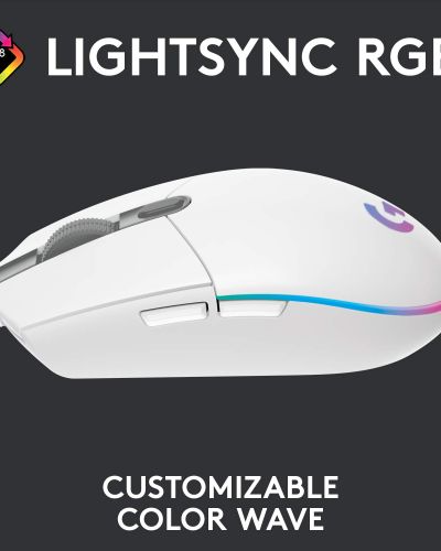 Logitech G203 Wired Gaming Mouse, 8,000 DPI, Rainbow Optical Effect LIGHTSYNC RGB, 6 Programmable Buttons, On-Board Memory, Screen Mapping, PC/Mac Computer and Laptop Compatible – White
