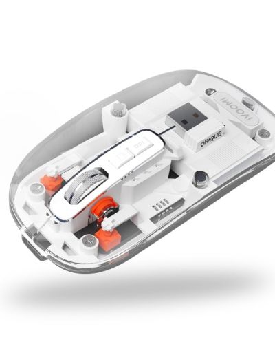 iVOOMi Opaque White Rechargeable Wireless Mouse, Dual Mode (2.4GHz+BT), Dual Bluetooth, Silent Operation, Transparent Body, RGB, Battery Indicator, Compatible with Win/Mac/Linux/Android