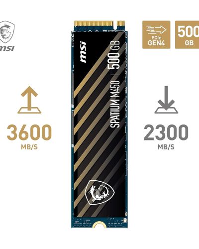 MSI M450 500GB PCIe 4.0 (Gen4x4) NVMe M.2 Internal Solid State Drive/SSD, Read up to – 3600MB/s with 3D Nanad Flash Technology, 5 Years Warranty
