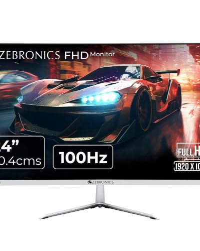 ZEBRONICS A24FHD LED Monitor, 24 inch (60.96cm), 250 nits, 100Hz, Slim Design, FHD, 1080p, Wall Mountable, HDMI, VGA, Ultra Slim Bezel, Metal stand, Built-in Speakers