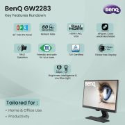 BenQ GW2283 22″ (55 cm) 1920x1080p 60Hz IPS Full HD|Dual HDMI| Eye-Care| Low Blue Light| Bezel-Less Monitor|Anti-Glare|1WX2 Speakers| Brightness Intelligence| VESA Wall Mountable (Black)