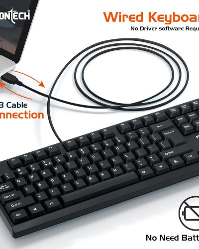 FRONTECH Wired Keyboard | 104 Keys with Super Slim Design| USB Plug & Play | Comfortable Design (KB-0046, Black)