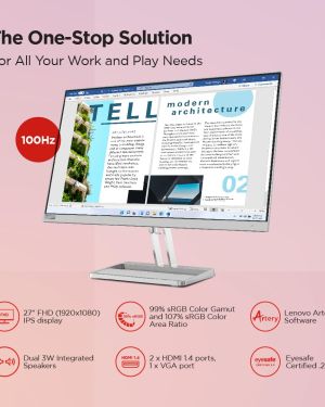 Lenovo L-Series 27 inch (68.6cm) FHD IPS Ultraslim Monitor| 100Hz, 99% sRGB, 4ms, AMD FreeSync, 2X HDMI 1.4, VGA, 2x3W Speakers, Tilt Stand: Home & Office use, 3 Year Warranty, Cloud Grey, L27i-40