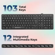 ZEBRONICS K60 USB Wired Keyboard with 1.4 Meter Cable, 12 Integrated Multimedia Controls, 103 Keys Full Size, Slim Design, UV Coated and Plug Play Usage