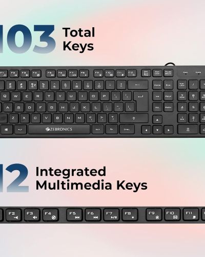 ZEBRONICS K60 USB Wired Keyboard with 1.4 Meter Cable, 12 Integrated Multimedia Controls, 103 Keys Full Size, Slim Design, UV Coated and Plug Play Usage