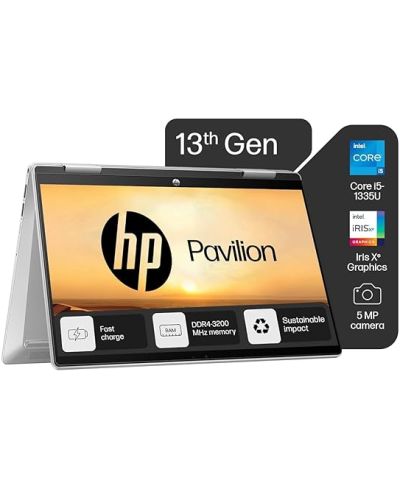 HP Pavilion x360, 13th Gen Intel Core i5-1335U (16GB DDR4, 512GB SSD) Touchscreen, 14″/35.6cm, FHD, Win 11, Office 21, Silver, 1.51kg, ek1074tu/1148tu, Iris Xe, FPR, 5MP Camera, Backlit KB Laptop