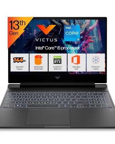 HP Victus, 13th Gen Intel Core i5-13420H, 6GB RTX 4050 (16GB DDR4, 512GB SSD) FHD, 144Hz, IPS, 15.639.6cm, Win11, Office21, Mica Silver,2.3kg, fa1319TX2701tx, Backlit, Enhanced Cooling Gaming Laptop