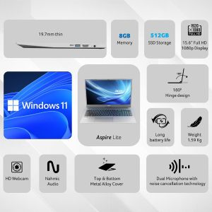 Acer Aspire Lite, 13th Gen, Intel Core i3-1305U, 8GB RAM, 512GB SSD, Full HD, 15.639.62cm, Windows 11 Home, Steel Gray, 1.59KG, AL15-53, Metal Body, 36 WHR, Thin and Light Premium Laptop