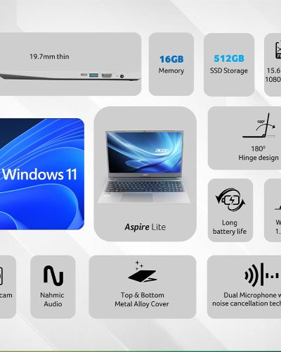 Acer Aspire Lite,13th Gen, Intel Core i3-1305U, 16GB RAM, 512GB SSD, Full HD, 15.639.62cm, Windows 11 Home, Steel Gray, 1.59KG, AL15-53, Metal Body, 36 WHR, Thin and Light Premium Laptop