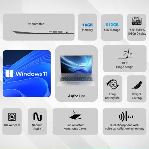 Acer Aspire Lite,13th Gen, Intel Core i3-1305U, 16GB RAM, 512GB SSD, Full HD, 15.639.62cm, Windows 11 Home, Steel Gray, 1.59KG, AL15-53, Metal Body, 36 WHR, Thin and Light Premium Laptop