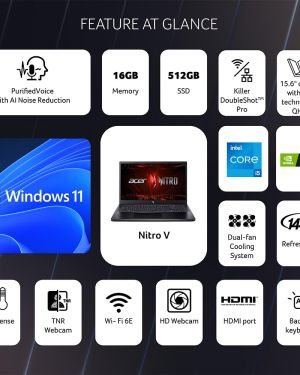 Acer Nitro V, Intel Core i5- 13th Gen 13420H processor, NVIDIA GeForce RTX 4050-6 GB GDDR6(16GB DDR5512GB)IPS FHD, 39.62cm(15.6), 165 Hz, Win 11 Home, Obsidian black, 2.113 kg, ANV15-51,Gaming Laptop