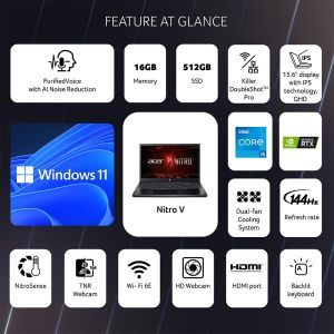 Acer Nitro V, Intel Core i5- 13th Gen 13420H processor, NVIDIA GeForce RTX 4050-6 GB GDDR6(16GB DDR5512GB)IPS FHD, 39.62cm(15.6), 165 Hz, Win 11 Home, Obsidian black, 2.113 kg, ANV15-51,Gaming Laptop