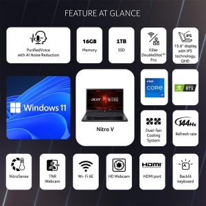 Acer Nitro V15, Intel Core i7-13th Gen 13620H Processor, NVIDIA GeForce RTX 4050-6GB GDDR6(16GB DDR5, 1TB) IPS FHD, 15.639.6cm, 165Hz, Win 11 Home, Obsidian Black, 2.1KG, ANV15-51, Gaming Laptop