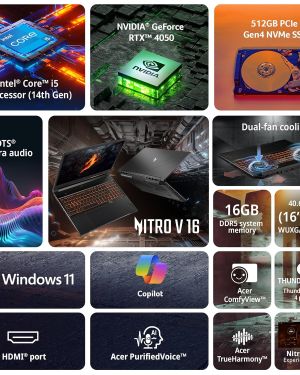 Acer Nitro V 16, Intel Core i5-14th Gen 14450HX Processor,RTX 4050-6 GB GDDR6,16GB512 GB,WUXGA IPS, 16.040.64cm, 165 Hz, Win 11 Home, Obsidian Black,2.5 kg, ANV16-71, Backlit kB, Gaming Laptop