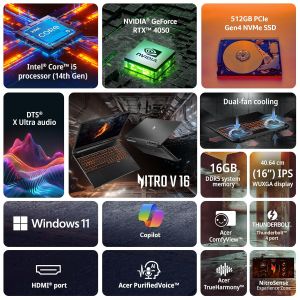 Acer Nitro V 16, Intel Core i5-14th Gen 14450HX Processor,RTX 4050-6 GB GDDR6,16GB512 GB,WUXGA IPS, 16.040.64cm, 165 Hz, Win 11 Home, Obsidian Black,2.5 kg, ANV16-71, Backlit kB, Gaming Laptop