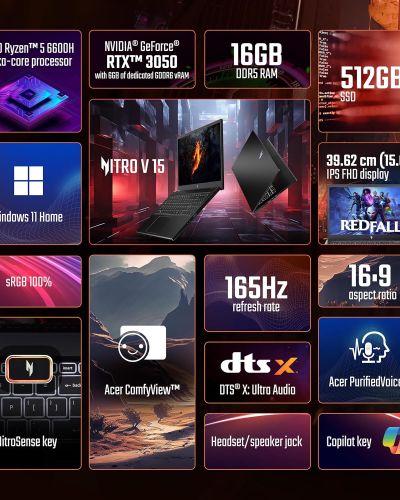 Acer Nitro V, AMD Ryzen 5 6600H Hexa-core Processor, NVIDIA GeForce RTX 3050-6GB GDDR6(16GB DDR5512GB) IPS FHD, 15.639.6cm, 165 Hz, Win 11 Home, Obsidian Black, 2.1KG, ANV15-41, Gaming Laptop
