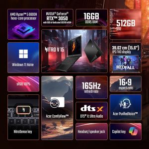 Acer Nitro V, AMD Ryzen 5 6600H Hexa-core Processor, NVIDIA GeForce RTX 3050-6GB GDDR6(16GB DDR5512GB) IPS FHD, 15.639.6cm, 165 Hz, Win 11 Home, Obsidian Black, 2.1KG, ANV15-41, Gaming Laptop