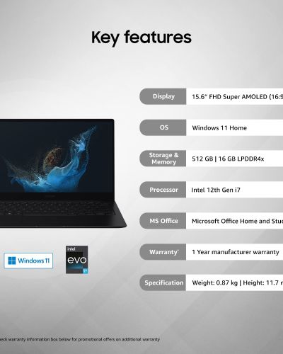 Samsung Galaxy Book2 Pro Intel 12th Gen i7 EvoTM 39.62cm (15.6) AMOLED Thin & Light Laptop (16 GB512 GB SSDWindows 11MS OfficeBacklit KBFingerprint SensorGraphite1.11Kg), NP950XED-KA1IN