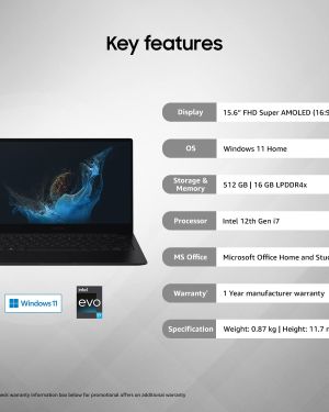 Samsung Galaxy Book2 Pro Intel 12th Gen i7 EvoTM 39.62cm (15.6) AMOLED Thin & Light Laptop (16 GB512 GB SSDWindows 11MS OfficeBacklit KBFingerprint SensorGraphite1.11Kg), NP950XED-KA1IN