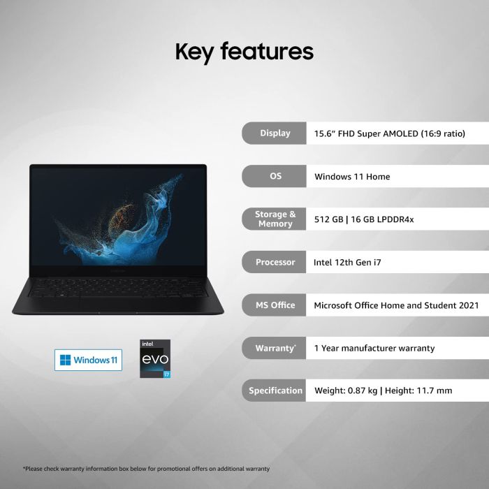 Samsung Galaxy Book2 Pro Intel 12th Gen i7 EvoTM 39.62cm (15.6) AMOLED Thin & Light Laptop (16 GB512 GB SSDWindows 11MS OfficeBacklit KBFingerprint SensorGraphite1.11Kg), NP950XED-KA1IN