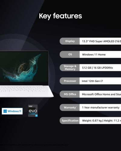 Samsung Galaxy Book2 Pro Intel 12th Gen i7 EvoTM 33.78cm (13.3) AMOLED Thin & Light Laptop (16 GB512 GB SSDWindows 11MS OfficeBacklit KBFingerprint SensorSilver0.87Kg), NP930XED-KB2IN