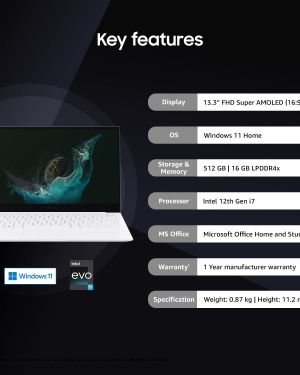 Samsung Galaxy Book2 Pro Intel 12th Gen i7 EvoTM 33.78cm (13.3) AMOLED Thin & Light Laptop (16 GB512 GB SSDWindows 11MS OfficeBacklit KBFingerprint SensorSilver0.87Kg), NP930XED-KB2IN