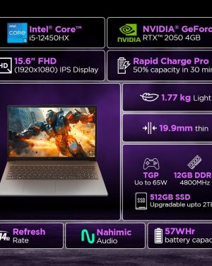 Lenovo LOQ Essential Intel Core i5-12450HX NVIDIA RTX 2050 4 GB (12 GB RAM 512 GB SSD 144Hz Refresh Rate15.6 (39.6cm) Windows 11 3 Mon. Game Pass Grey1.7 Kg), AI Gaming Laptop