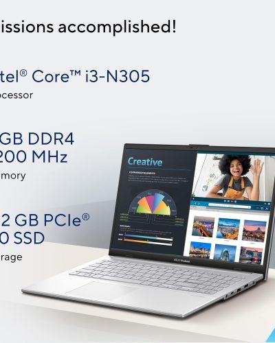 ASUS Vivobook Go 15 (2023), Intel Core i3-N305, 8 GB RAM, 512 GB SSD, FHD, 15.6 39.62 cm, Windows 11, MS Office 2021, Silver, 1.63 KG, E1504GA-NJ321WS, Integrated Graphics, Backlit KB, Thin & Light Laptop
