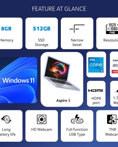 Acer Aspire 3 Thin and Light Laptop Intel Core i5 12th Generation (8GB/512 GB SSD/Windows 11 Home/MS Office/1.7 Kg/Silver) A315-59 with 15.6-inch (39.6 cms) Full HD Display