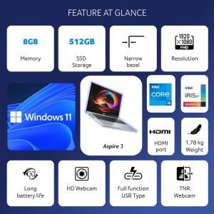 Acer Aspire 3 Thin and Light Laptop Intel Core i5 12th Generation (8GB/512 GB SSD/Windows 11 Home/MS Office/1.7 Kg/Silver) A315-59 with 15.6-inch (39.6 cms) Full HD Display